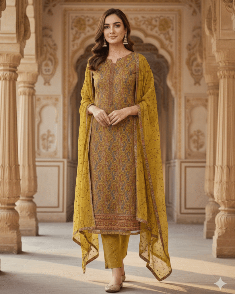 Elegant Cotton Suit with Georgette Embroidery Dupatta (Mustard Yellow )