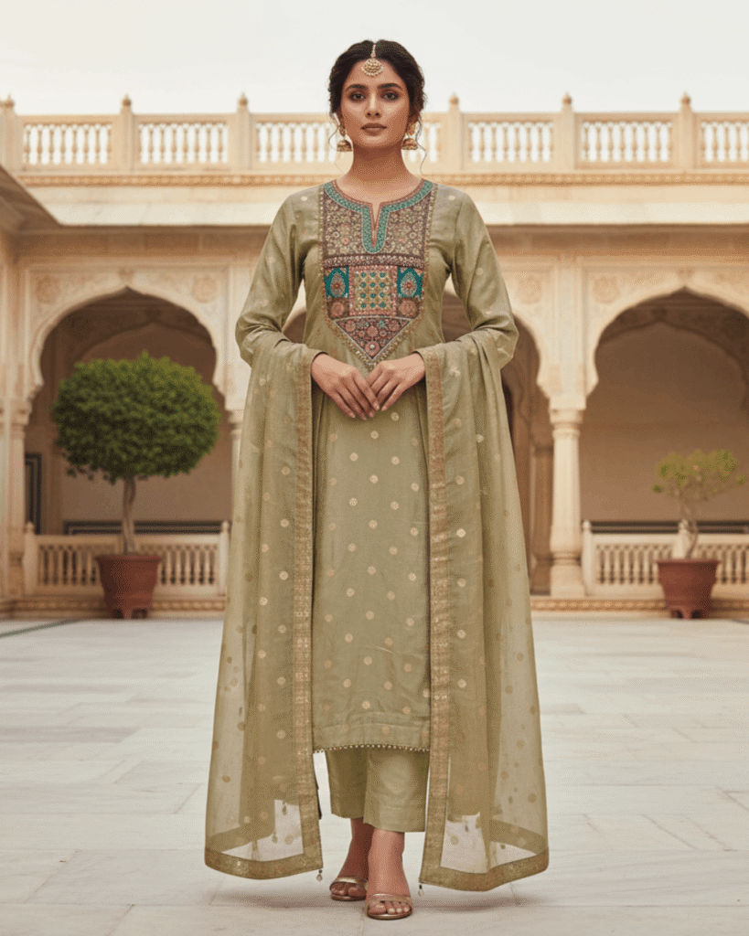 Pure Muslin Suit with Banarasi Weaving & Dupatta