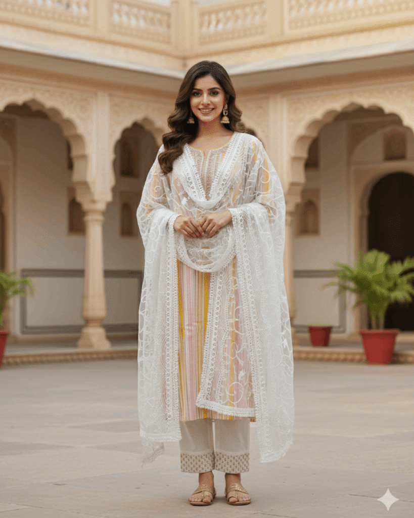 Stylish Cotton Suit Set with Net Dupatta