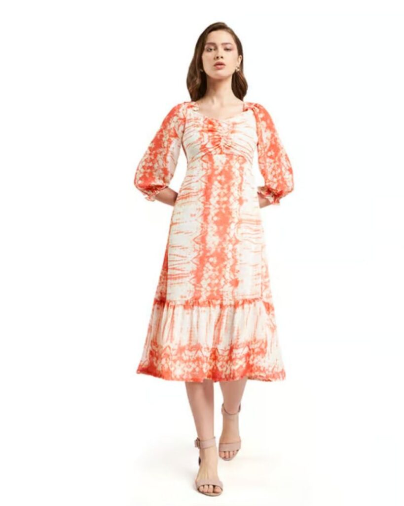 Orange & White Printed Fit & Flare Dress