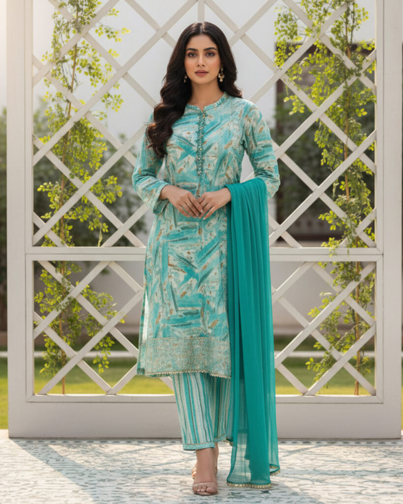 Elegant Cotton Suit With Chiffon Dupatta