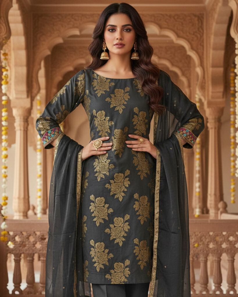 Elegant Black Cotton Suit with Dupatta