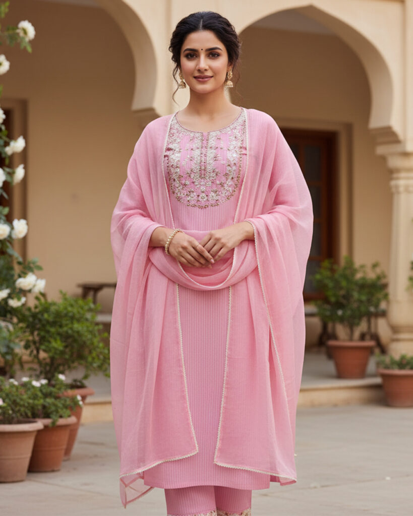 Elegant Cotton Suit With Chiffon Dupatta