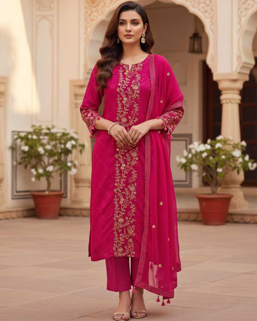 Premium Georgette Embroidery Suit with Dupatta (Mergenta)