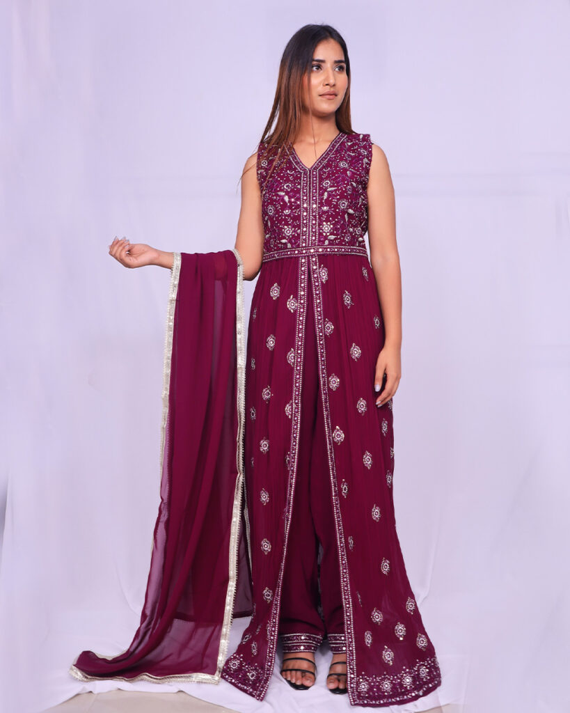 Elegant Plum Purple Front-Open Party Wear Suit