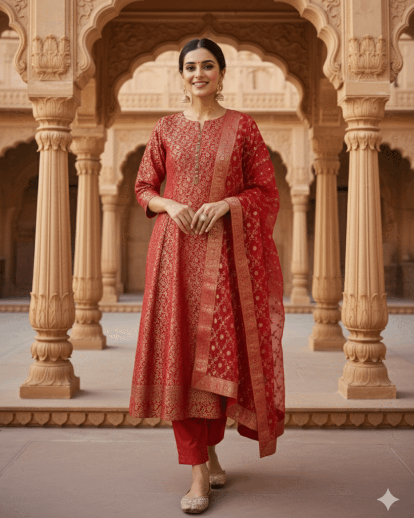 Brocade Suits with Rich Georgette Dupatta (Classic Red with Golden Weave)