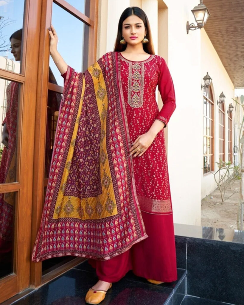 Pure Muslin Dola Jacquard Suit Set (Red)