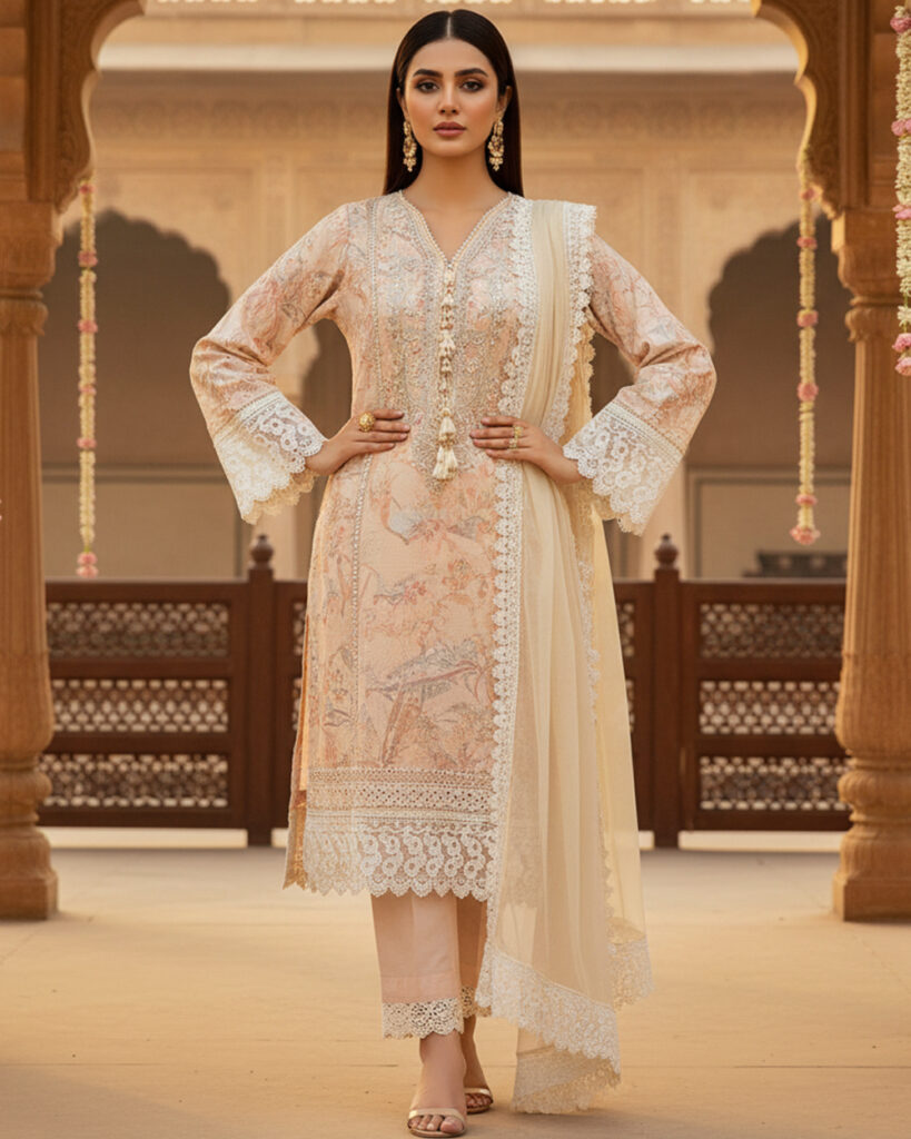 Cotton Muslin Pakistani Suit (light Peach)
