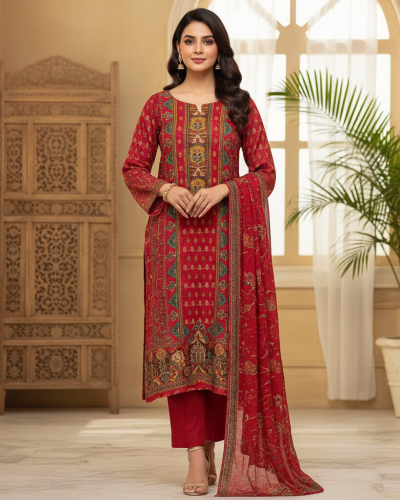 Elegant Chinon Suit with Pure Georgette Dupatta (Red)