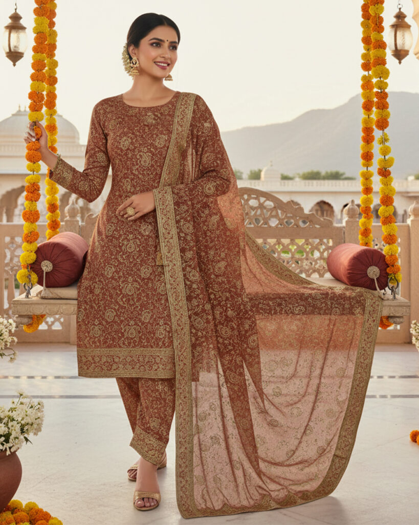Brocade Suits with Rich Georgette Dupatta (Copper Brown)