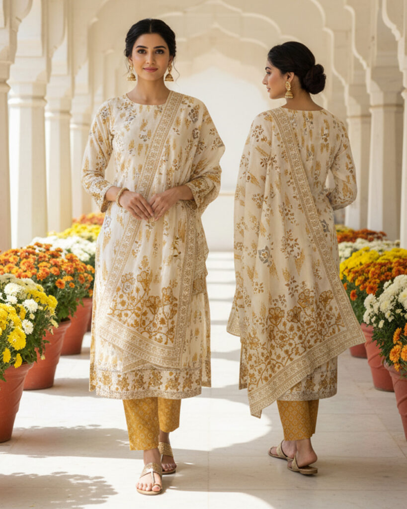 Stylish Cotton Suit (White with Mustard)