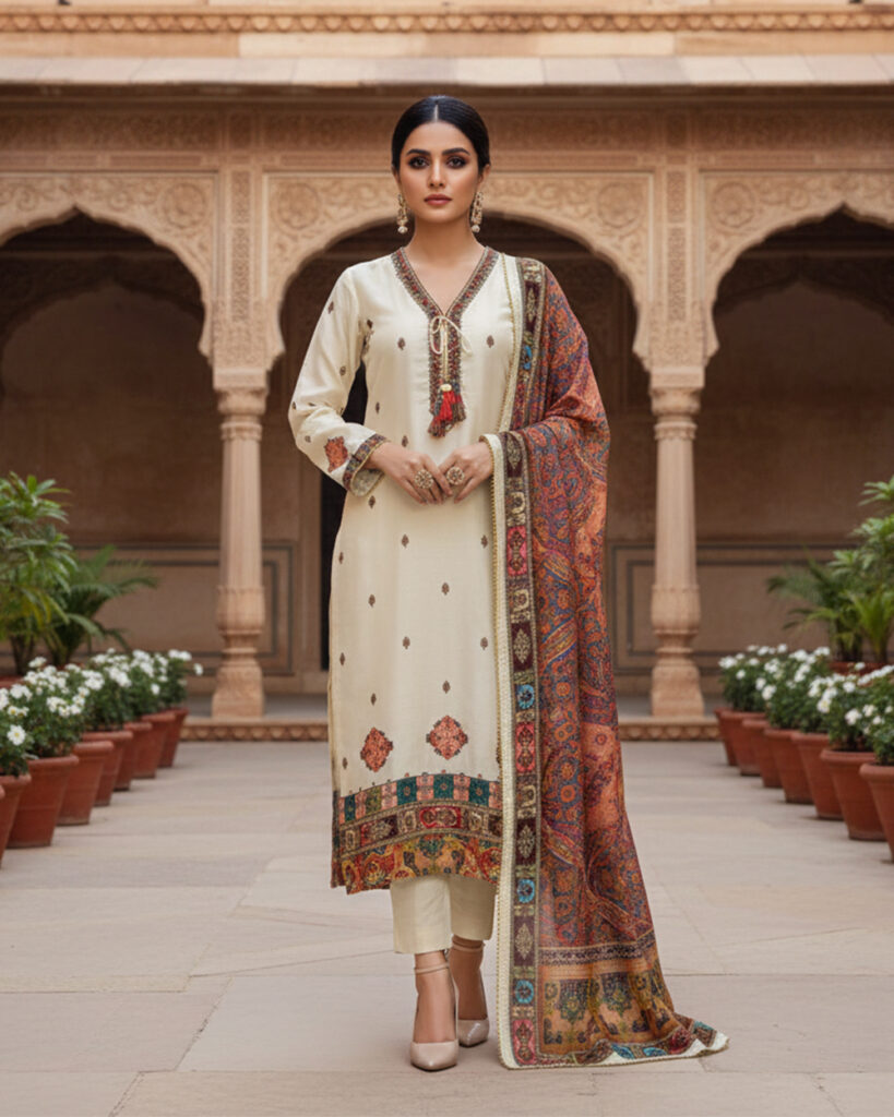 Pure Muslin Digital Print Suit (Beige with Multicolor)
