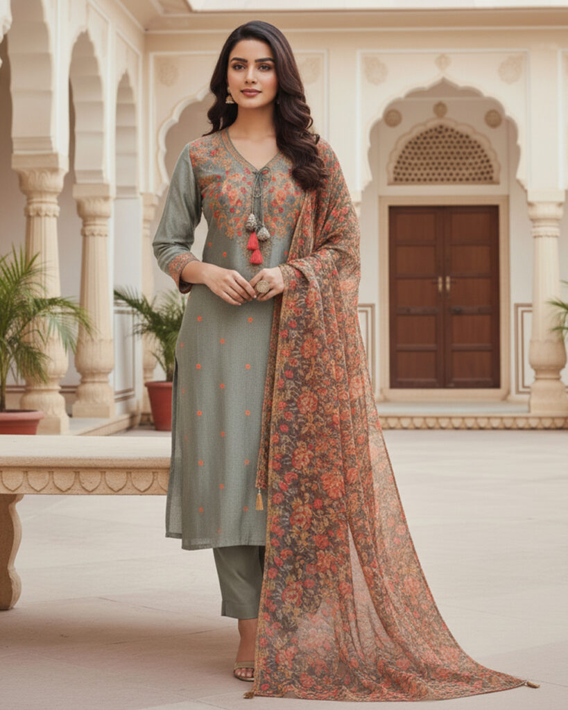 Pure Muslin Digital Print Suit (Grey with Red)