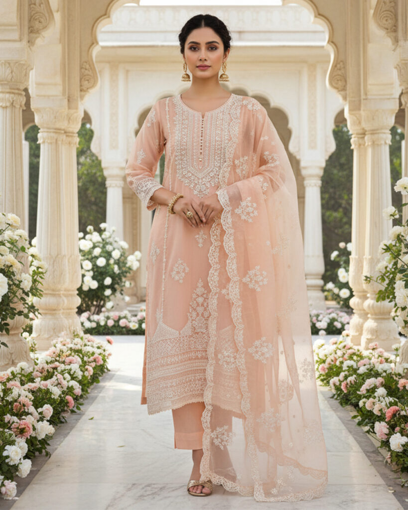 Soft Peach Organza pakistani suits