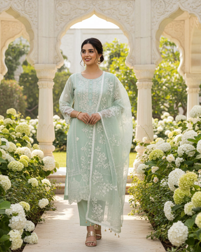 Cotton Muslin Pakistani Suit (Light Sky Blue)