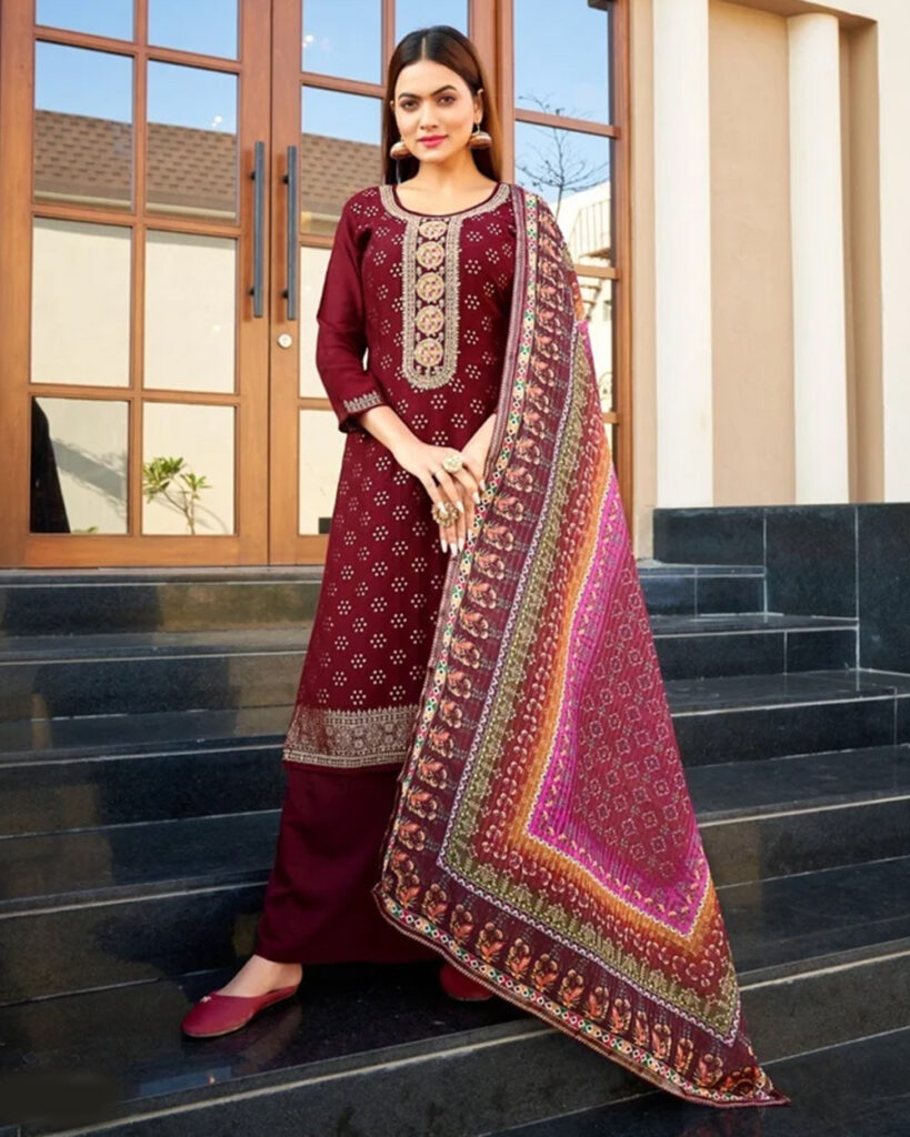 Pure Muslin Dola Jacquard Suit Set (Maroon)