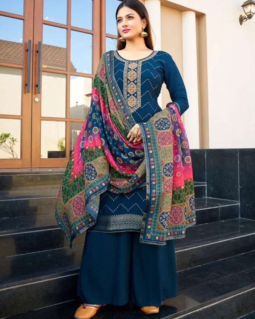 Pure Muslin Dola Jacquard Suit Set (Blue)