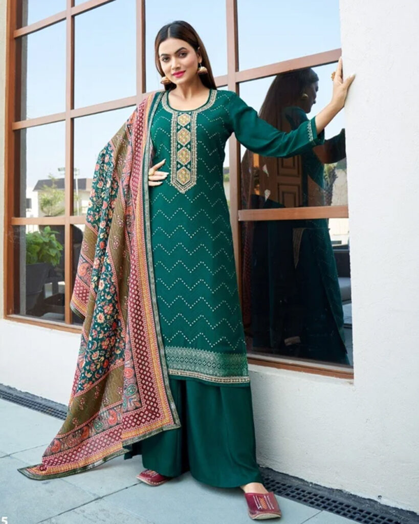 Pure Muslin Dola Jacquard Suit Set (Dark Teal)