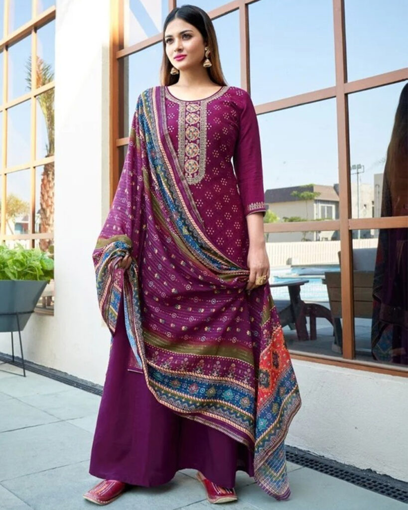 Pure Muslin Dola Jacquard Suit Set (Dark Purple)