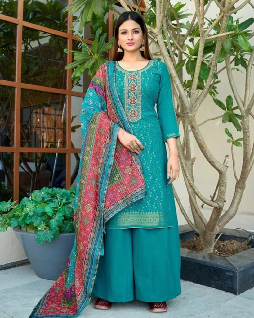 Pure Muslin Dola Jacquard Suit Set (Firozi)