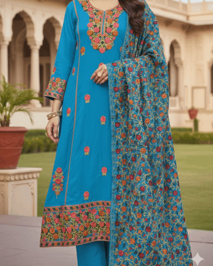 Kashmiri Embroidery Suit with Heavy Embroidery Shawl (Water Blue)