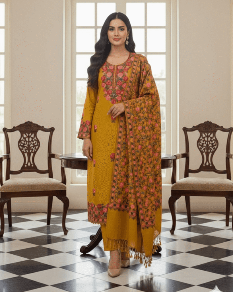 Kashmiri Embroidery Suit with Heavy Embroidery Shawl (Mustard Yellow)