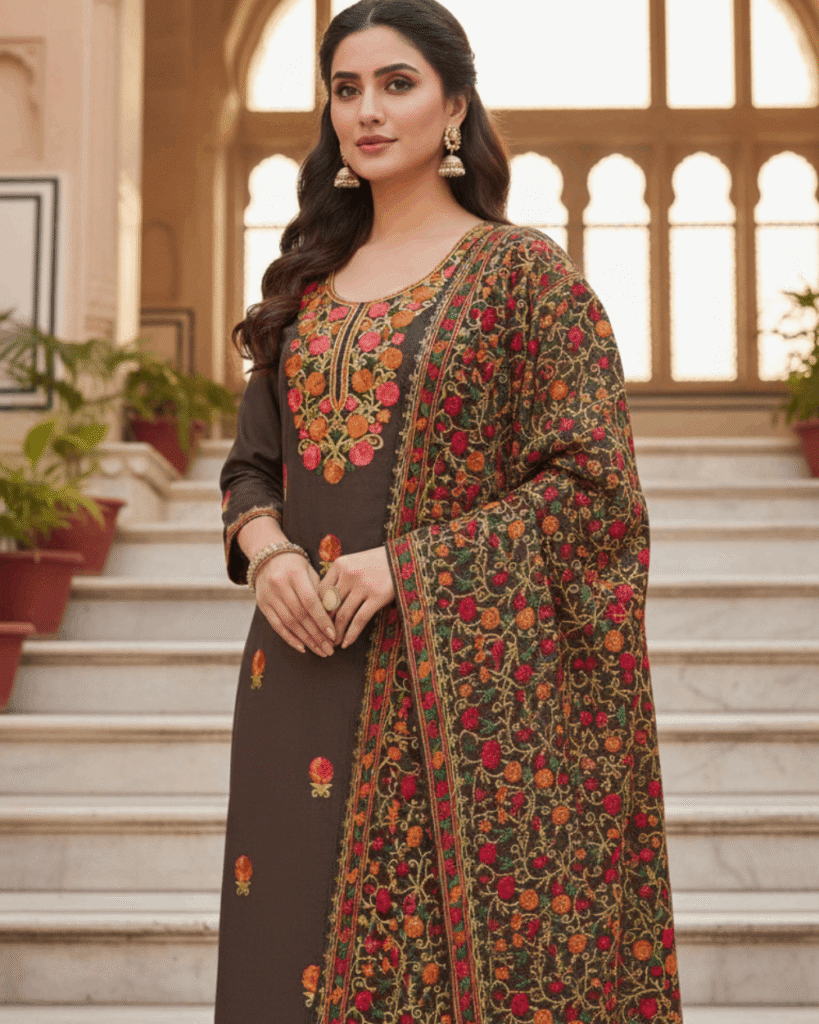 Kashmiri Embroidery Suit with Heavy Embroidery Shawl (Brown)