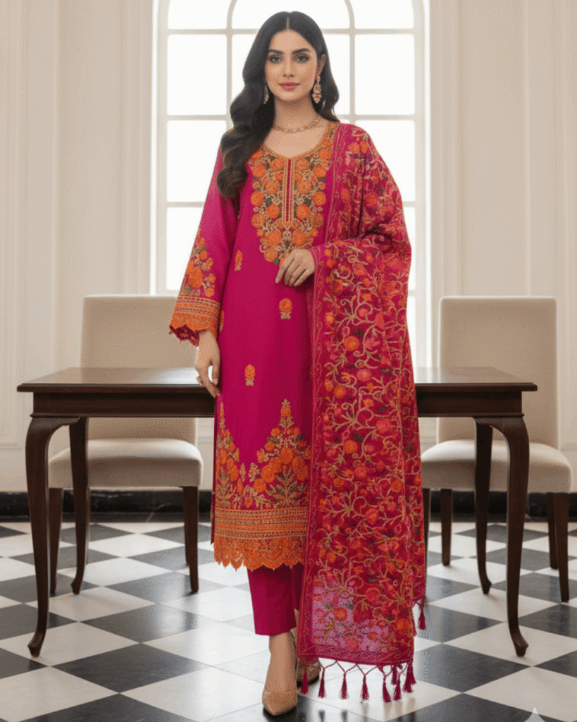 Kashmiri Embroidery Suit with Heavy Embroidery Shawl (Pink)