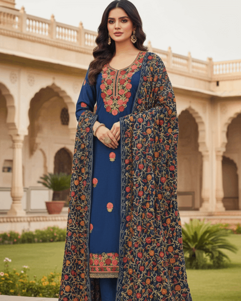 Kashmiri Embroidery Suit with Heavy Embroidery Shawl (Blue)