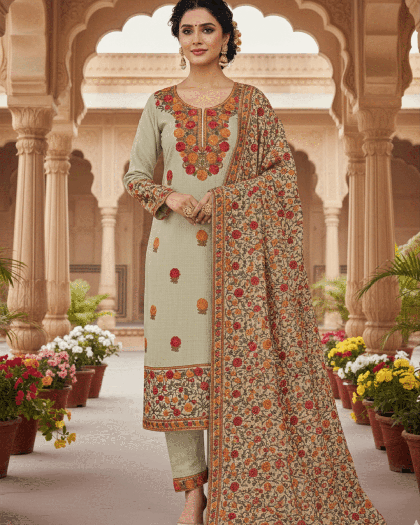 Kashmiri Embroidery Suit with Heavy Embroidery Shawl (Beige)