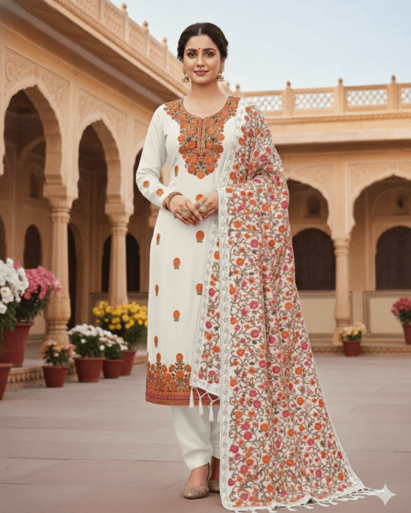 Kashmiri Embroidery Suit with Heavy Embroidery Shawl (White)