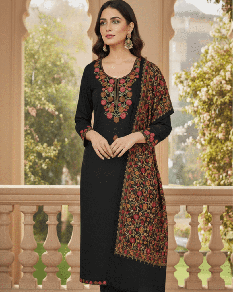 Kashmiri Embroidery Suit with Heavy Embroidery Shawl (Black)