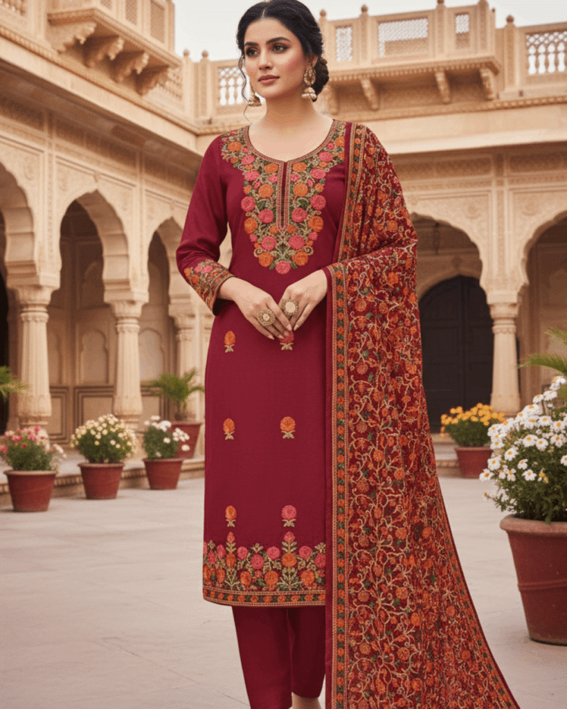 Kashmiri Embroidery Suit with Heavy Embroidery Shawl (Maroon)