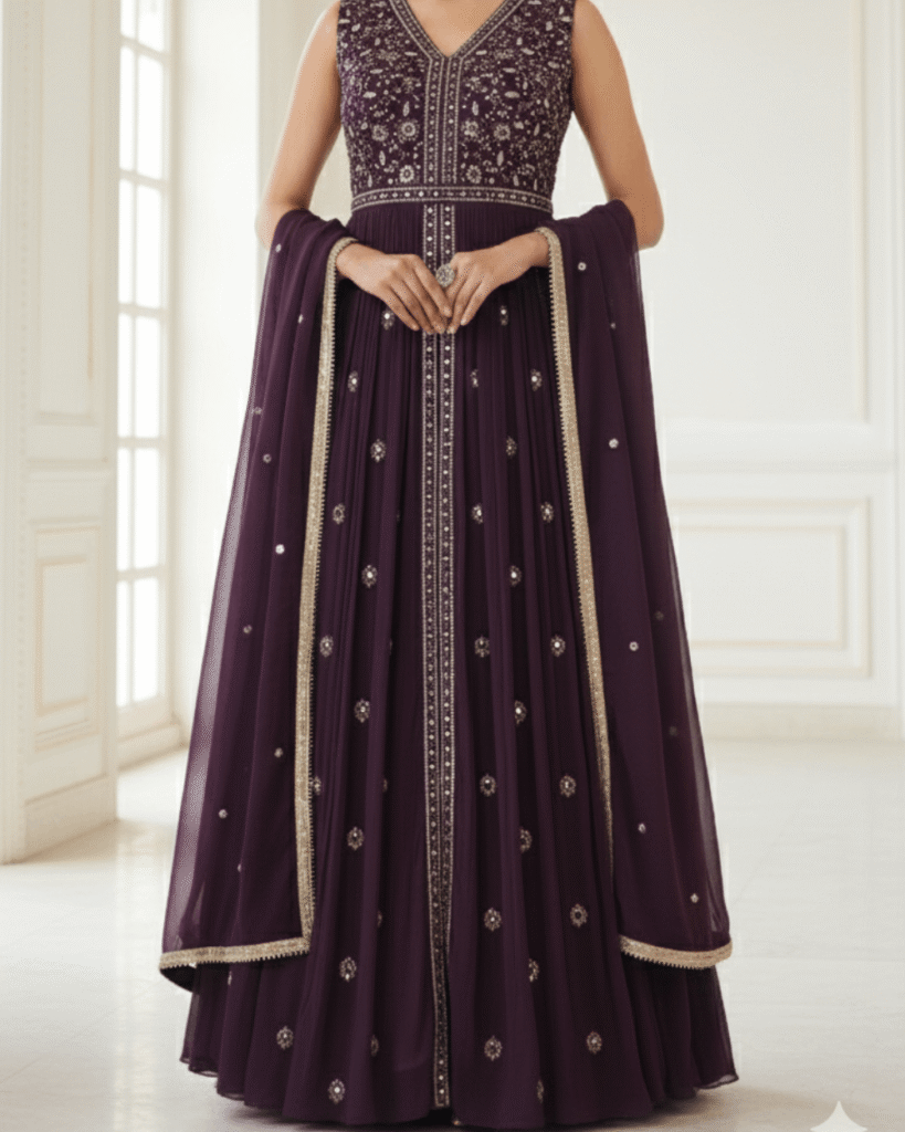 Elegant Plum Purple Front-Open Party Wear Suit