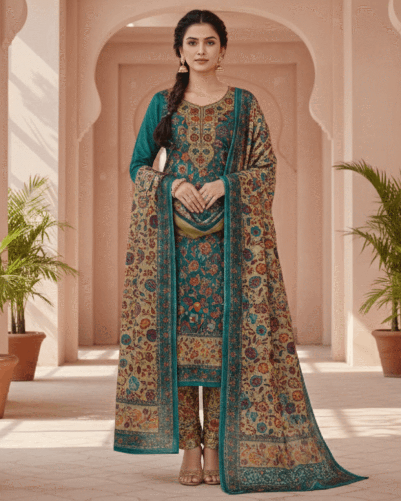 Woolen Pashmina Suit with Heavy Shawl (Teal)