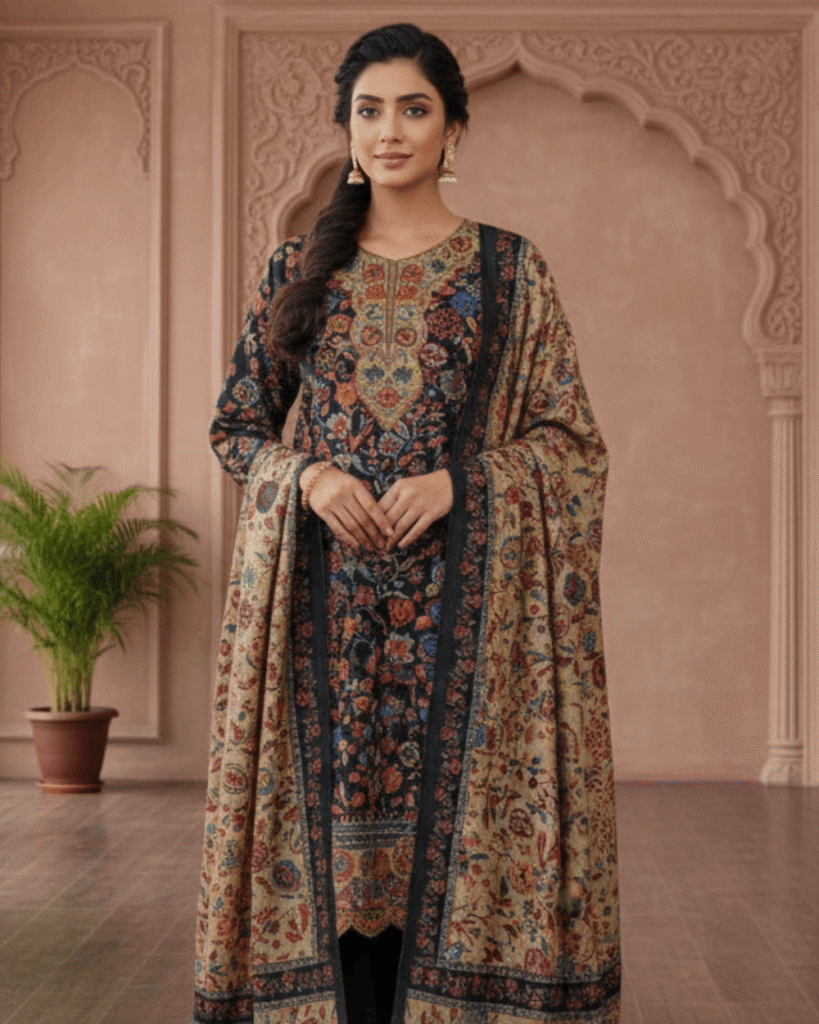 Woolen Pashmina Suit with Heavy Shawl (Navy Blue)